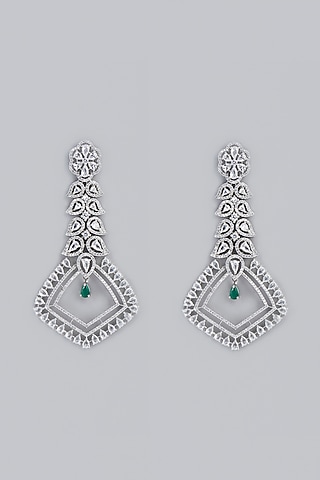 White Finish Green Stone & Zircon Dangler Earrings by Aster