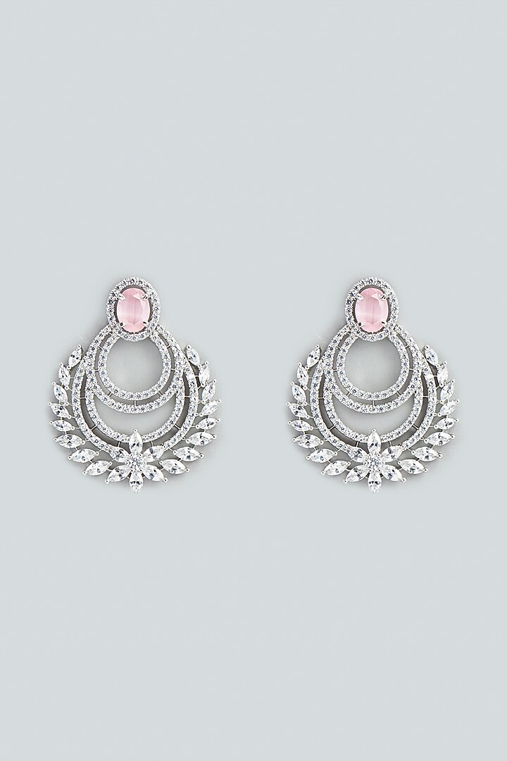 White Finish Pink Stone & Zircon Dangler Earrings by Aster at Pernia's Pop Up Shop