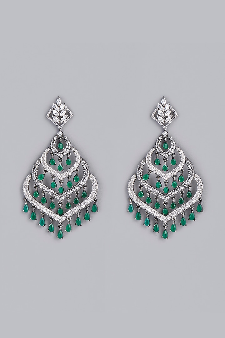 White Finish Green Stone & Zircon Dangler Earrings by Aster at Pernia's Pop Up Shop