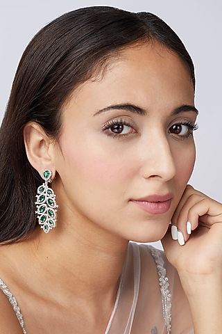 White Finish Green Stone Dangler Earrings by Aster