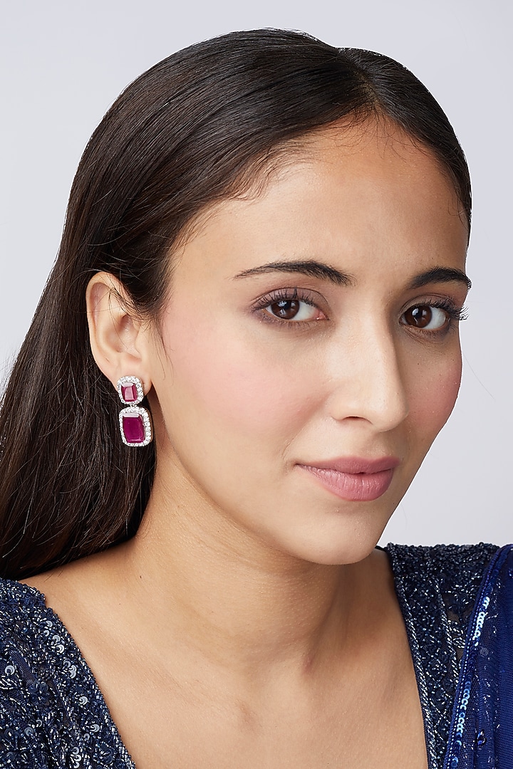 White Finish Red Synthetic Stone Dangler Earrings by Aster at Pernia's Pop Up Shop