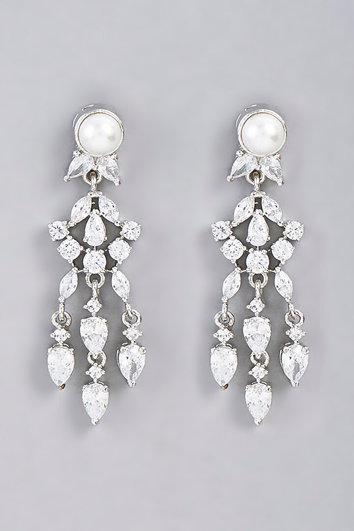 White Finish Faux Diamond Dangler Earrings by Aster at Pernia's Pop Up Shop