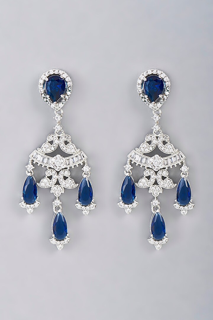 White Finish Blue Synthetic Stone Dangler Earrings by Aster at Pernia's Pop Up Shop
