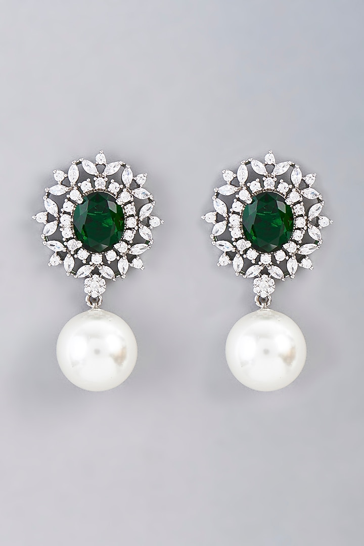 White Finish Green Synthetic Stone Dangler Earrings by Aster at Pernia's Pop Up Shop