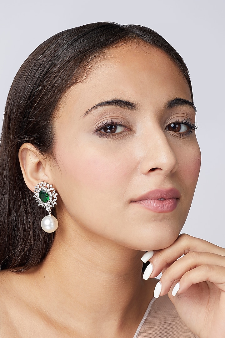 White Finish Green Synthetic Stone Dangler Earrings by Aster at Pernia's Pop Up Shop