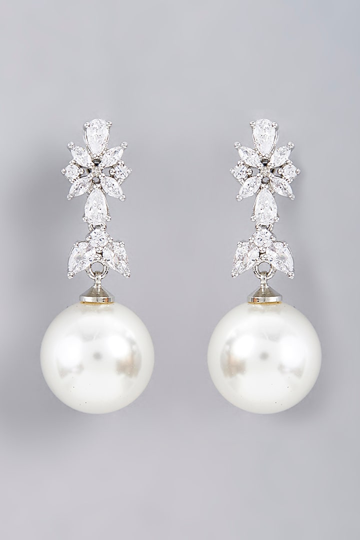 White Finish Faux Diamond & Pearl Dangler Earrings by Aster at Pernia's Pop Up Shop