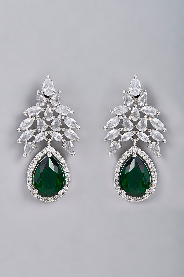 White Finish Green Synthetic Stone & Zircon Dangler Earrings by Aster at Pernia's Pop Up Shop