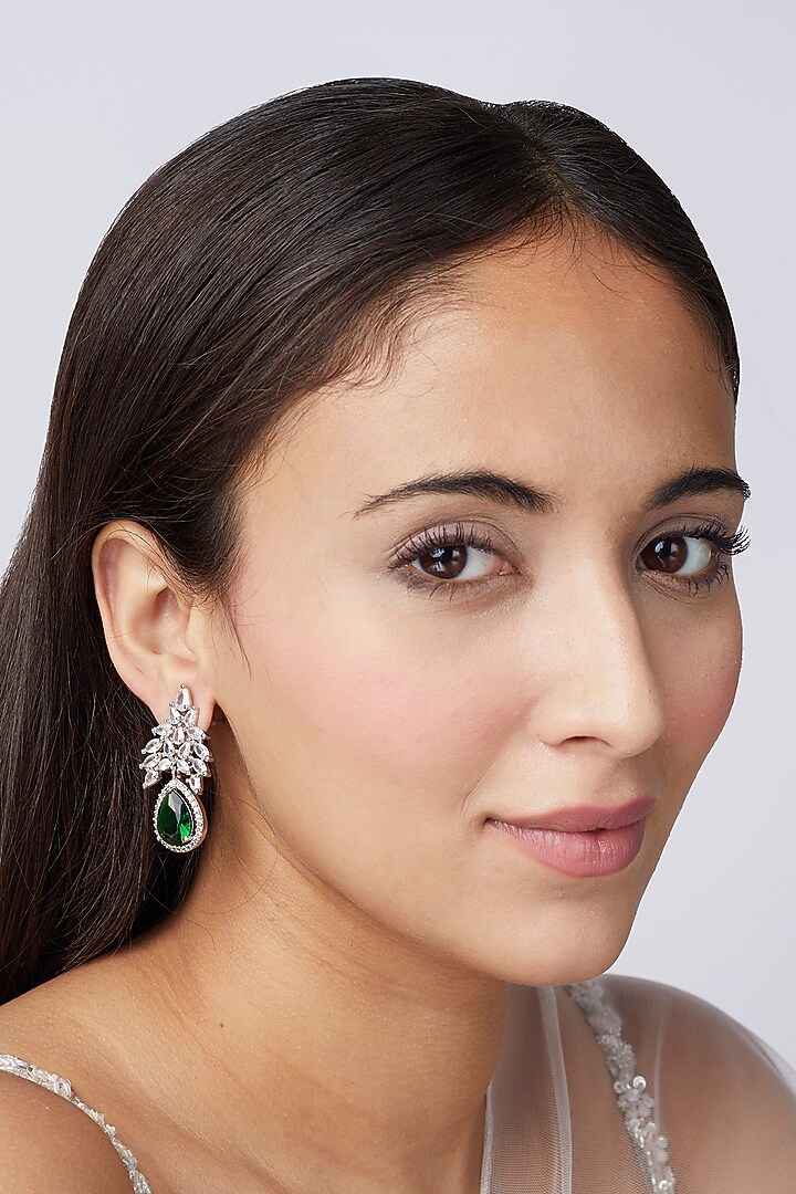 White Finish Green Synthetic Stone & Zircon Dangler Earrings by Aster at Pernia's Pop Up Shop