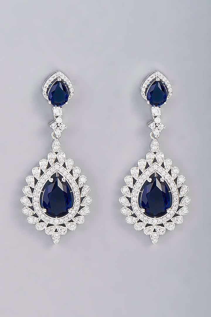White Finish Blue Synthetic Stone Dangler Earrings by Aster at Pernia's Pop Up Shop