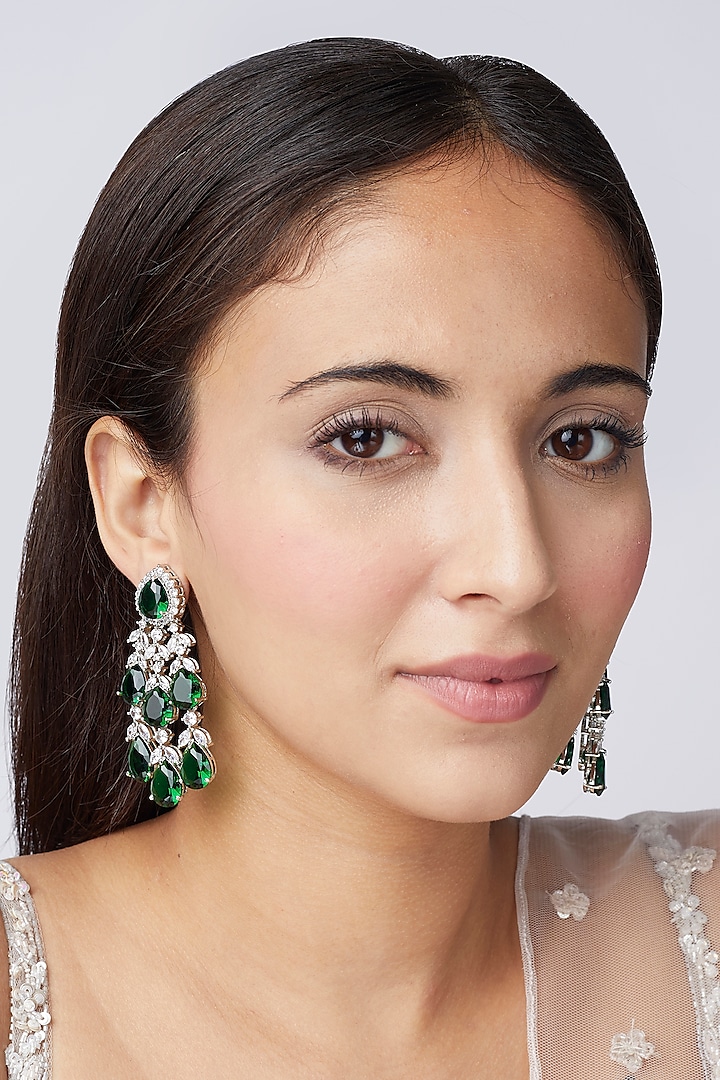 White Finish Green Synthetic Stone Dangler Earrings by Aster