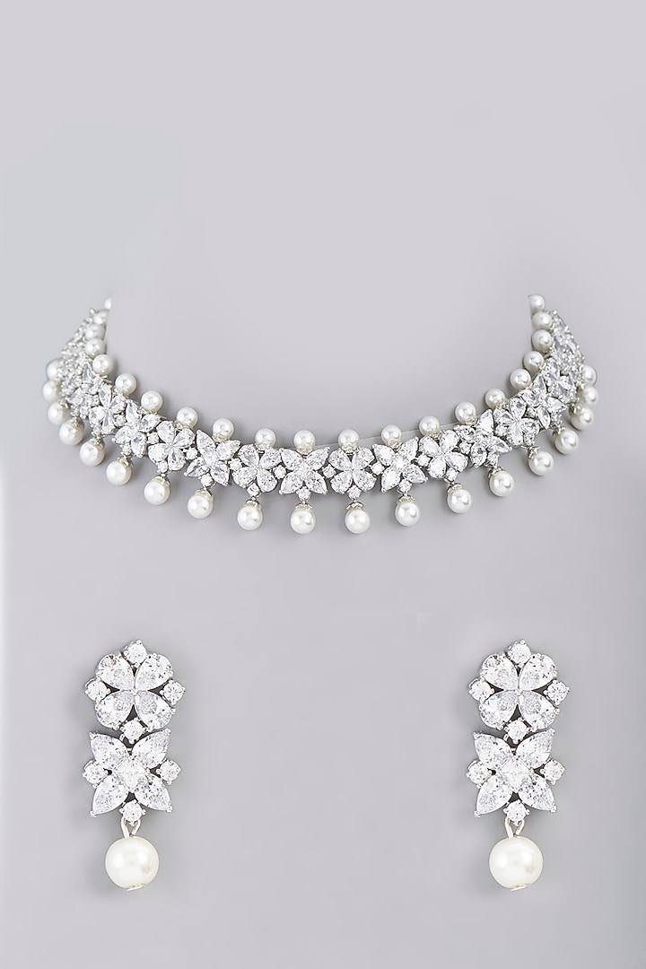White Finish Faux Diamond & Pearl Choker Necklace Set by Aster at Pernia's Pop Up Shop