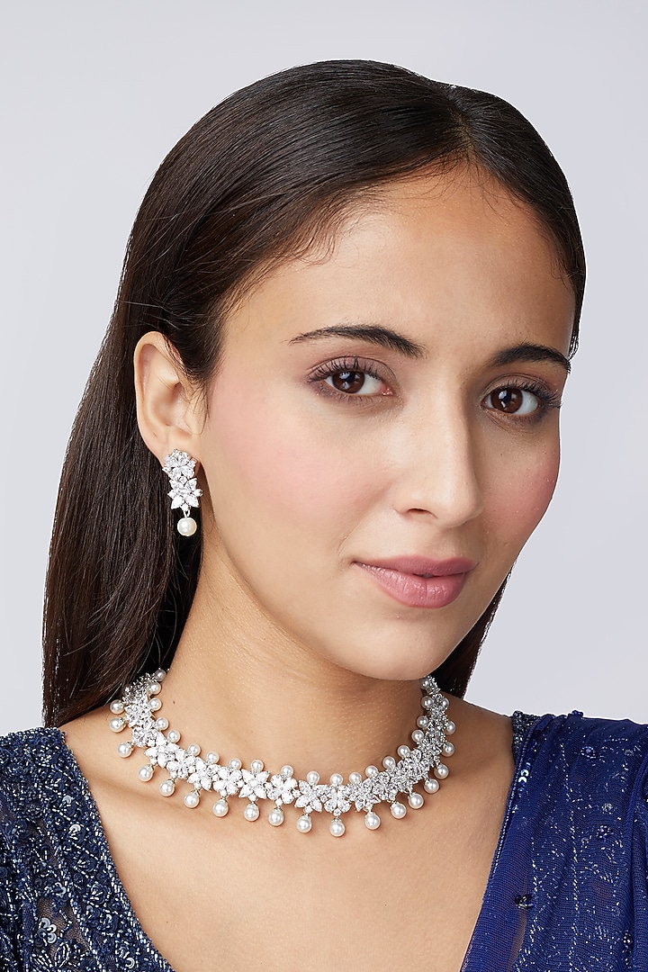 White Finish Faux Diamond & Pearl Choker Necklace Set Design by Aster