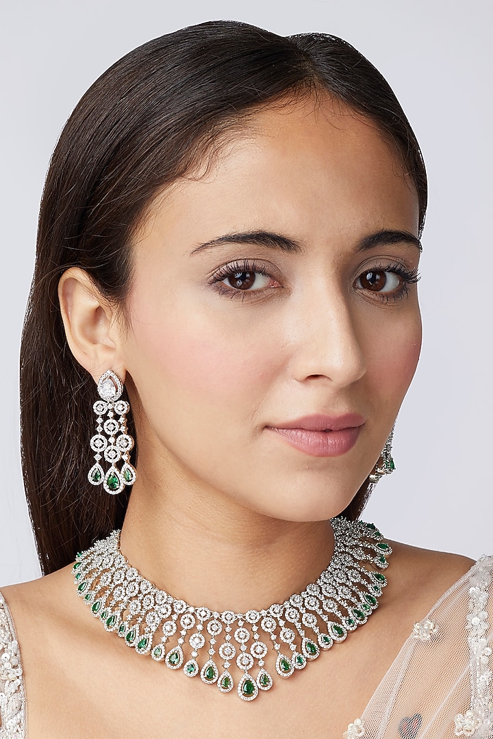 White Finish Faux Diamond & Green Stone Choker Necklace Set by Aster at Pernia's Pop Up Shop