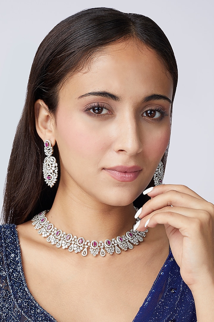 White Finish Red Stone Choker Necklace Set by Aster at Pernia's Pop Up Shop