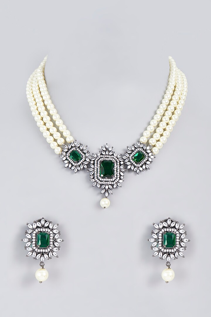 White Finish Green Stone & Pearl Necklace Set by Aster at Pernia's Pop Up Shop