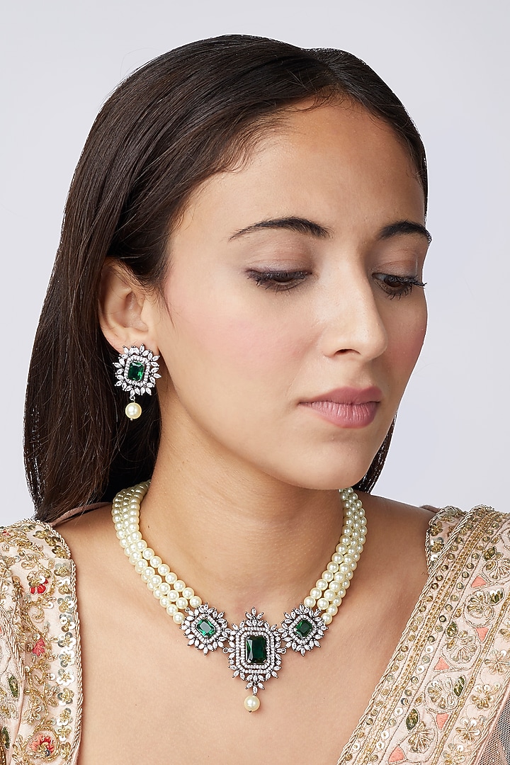 White Finish Green Stone & Pearl Necklace Set by Aster at Pernia's Pop Up Shop