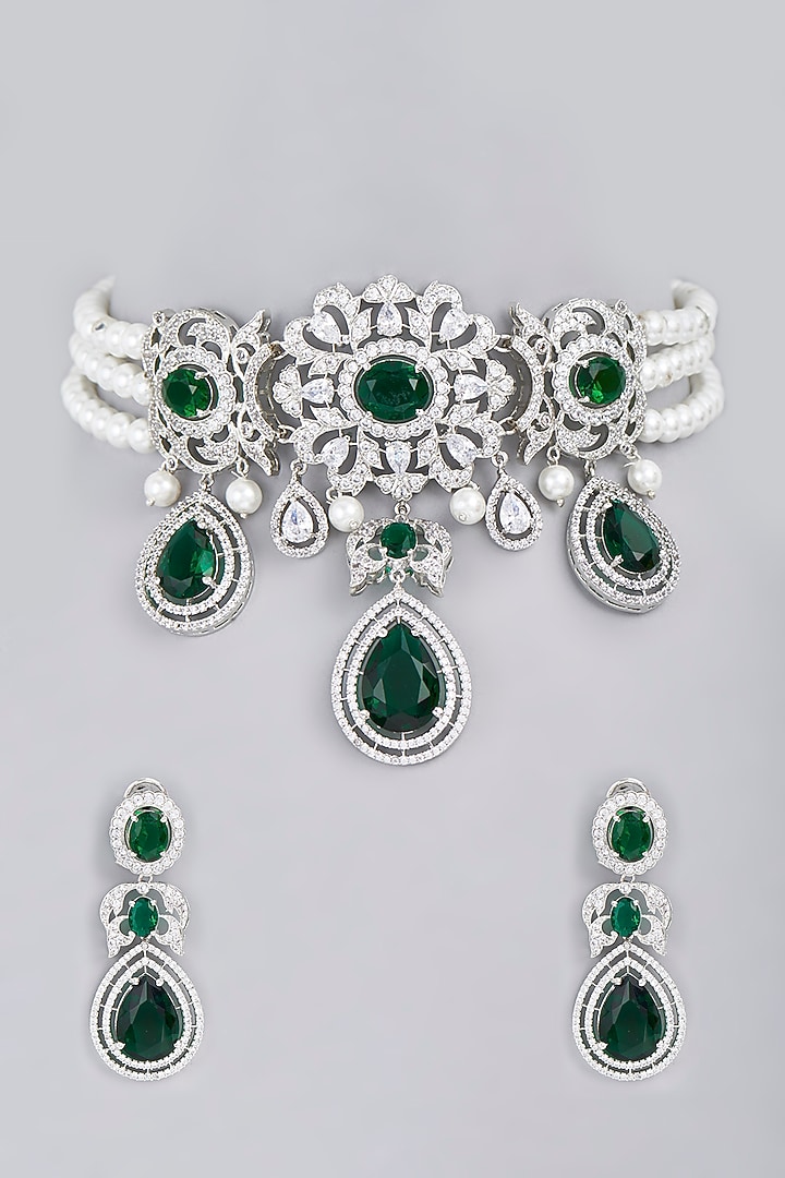 White Finish Green Stone & Faux Diamond Necklace Set Design by Aster at