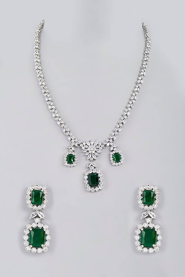 White Finish Green Stone Diamond Long Necklace Set by Aster at Pernia's Pop Up Shop