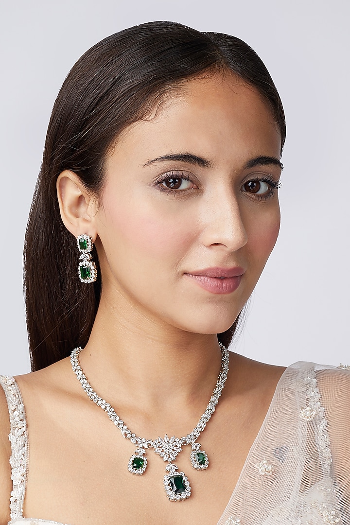 White Finish Green Stone Diamond Long Necklace Set by Aster at Pernia's Pop Up Shop