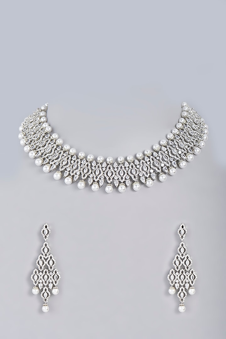 White Finish Faux Diamond & Pearl Choker Necklace Set by Aster at Pernia's Pop Up Shop