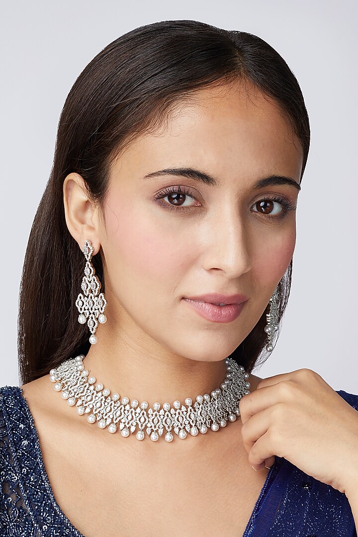 White Finish Faux Diamond & Pearl Choker Necklace Set by Aster at Pernia's Pop Up Shop