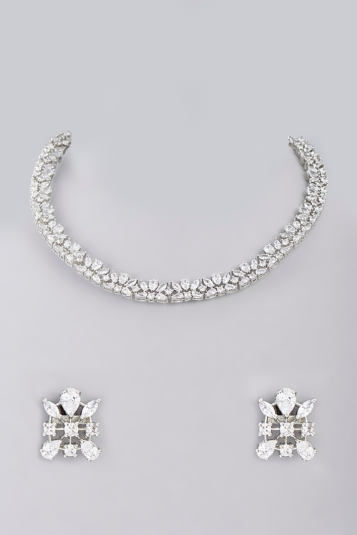 White Finish Faux Diamond Choker Necklace Set by Aster at Pernia's Pop Up Shop