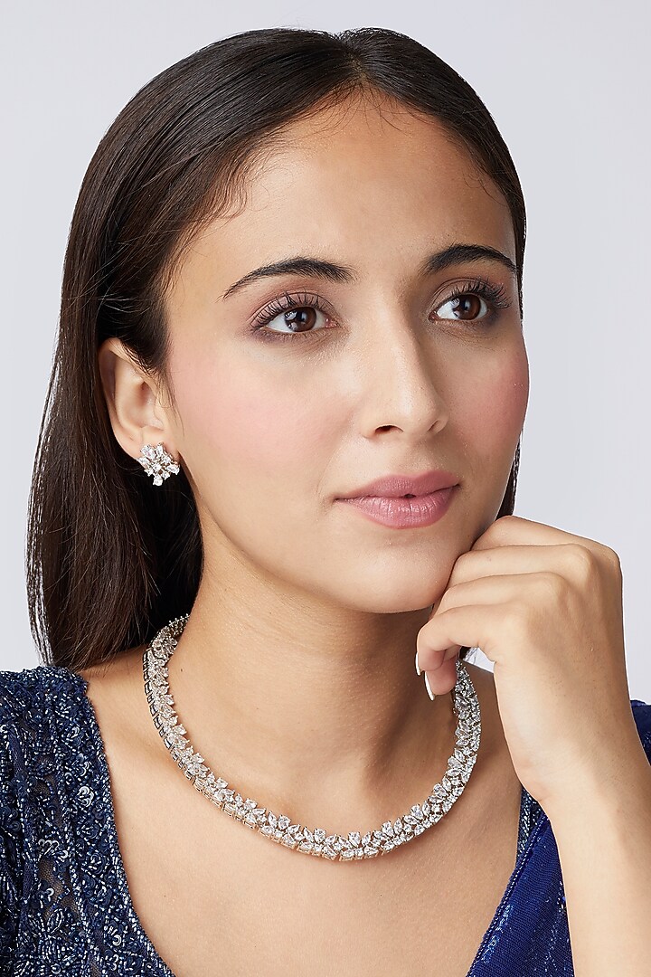 White Finish Faux Diamond Choker Necklace Set by Aster at Pernia's Pop Up Shop