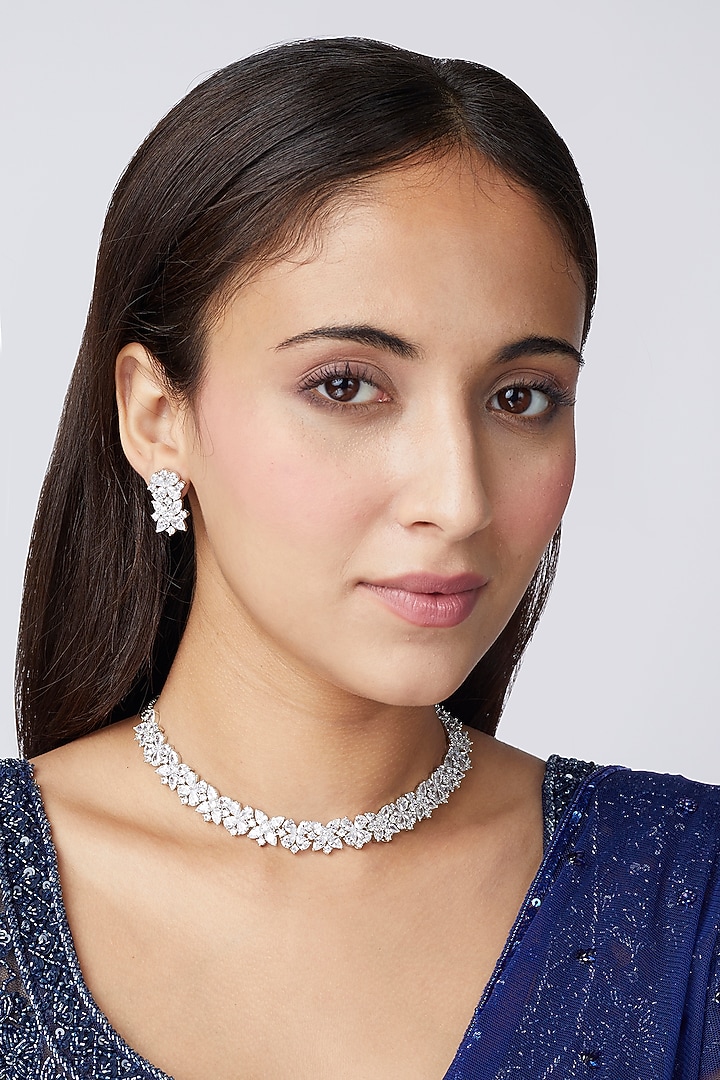 White Finish Faux Diamond Choker Necklace Set by Aster at Pernia's Pop Up Shop