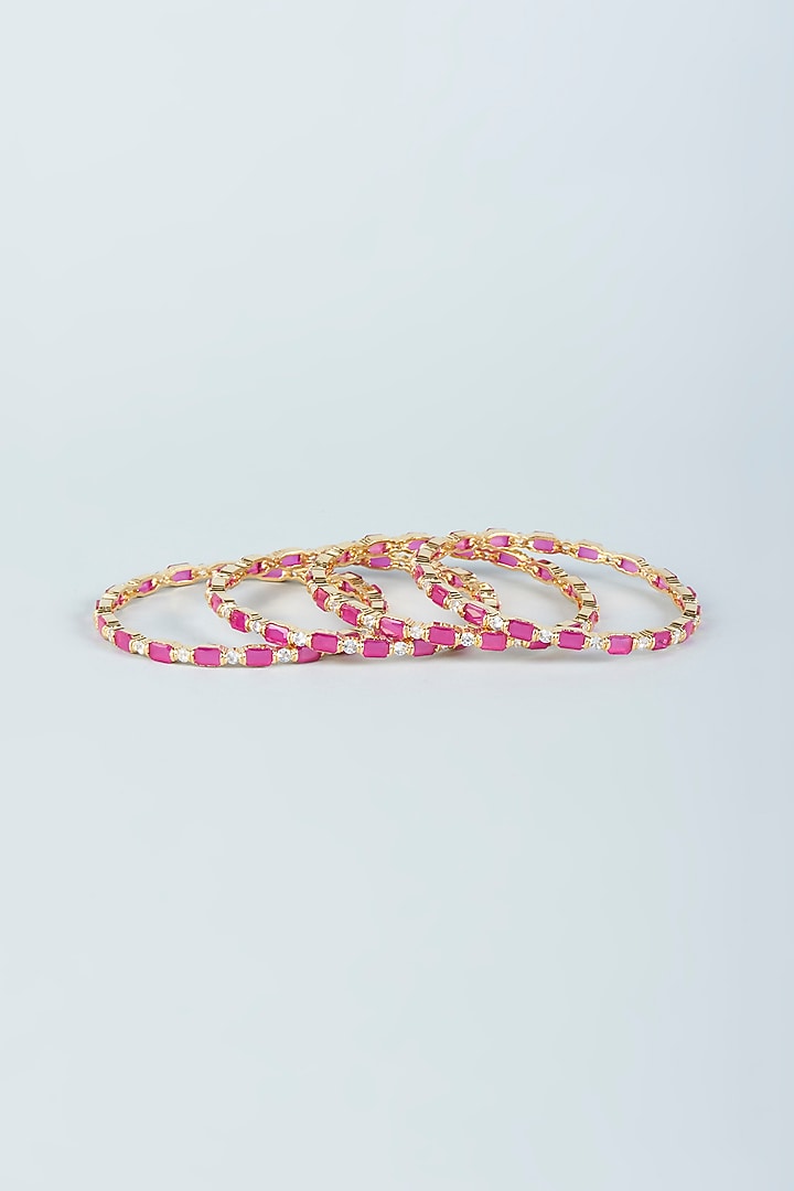 Gold Finish Red Zircons Bangles (Set of 4) by Aster at Pernia's Pop Up Shop