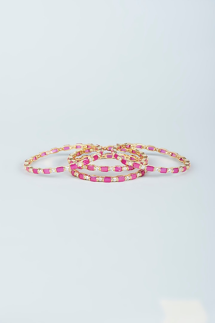 Gold Finish Red Zircons Bangles (Set of 4) by Aster