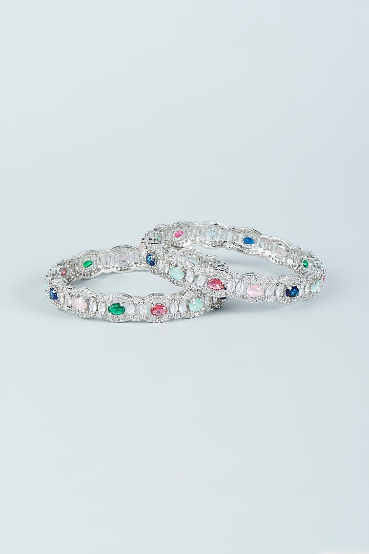 White Finish Multi-Colored Synthetic Stones & Zircon Bangles (Set of 2) by Aster at Pernia's Pop Up Shop
