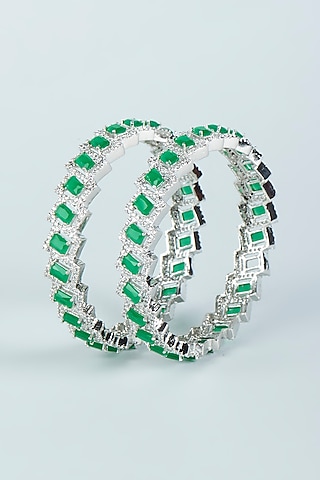 White Finish Green Zircon Bangles (Set of 2) by Aster