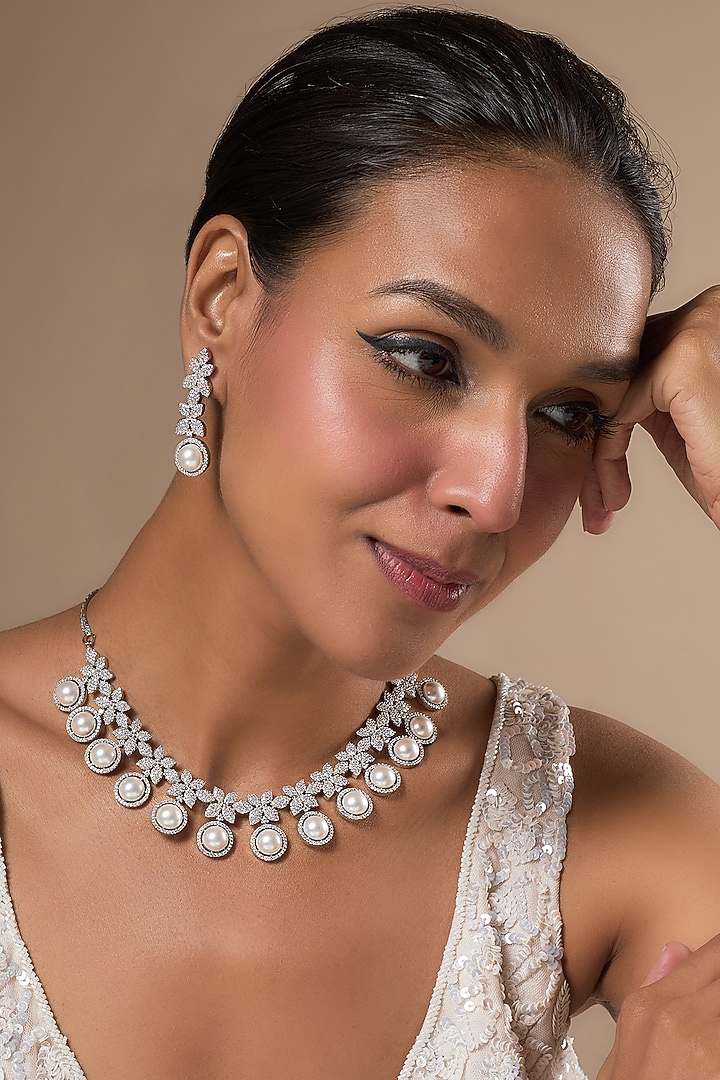White Finish Zircon & Pearl Necklace Set by Aster at Pernia's Pop Up Shop