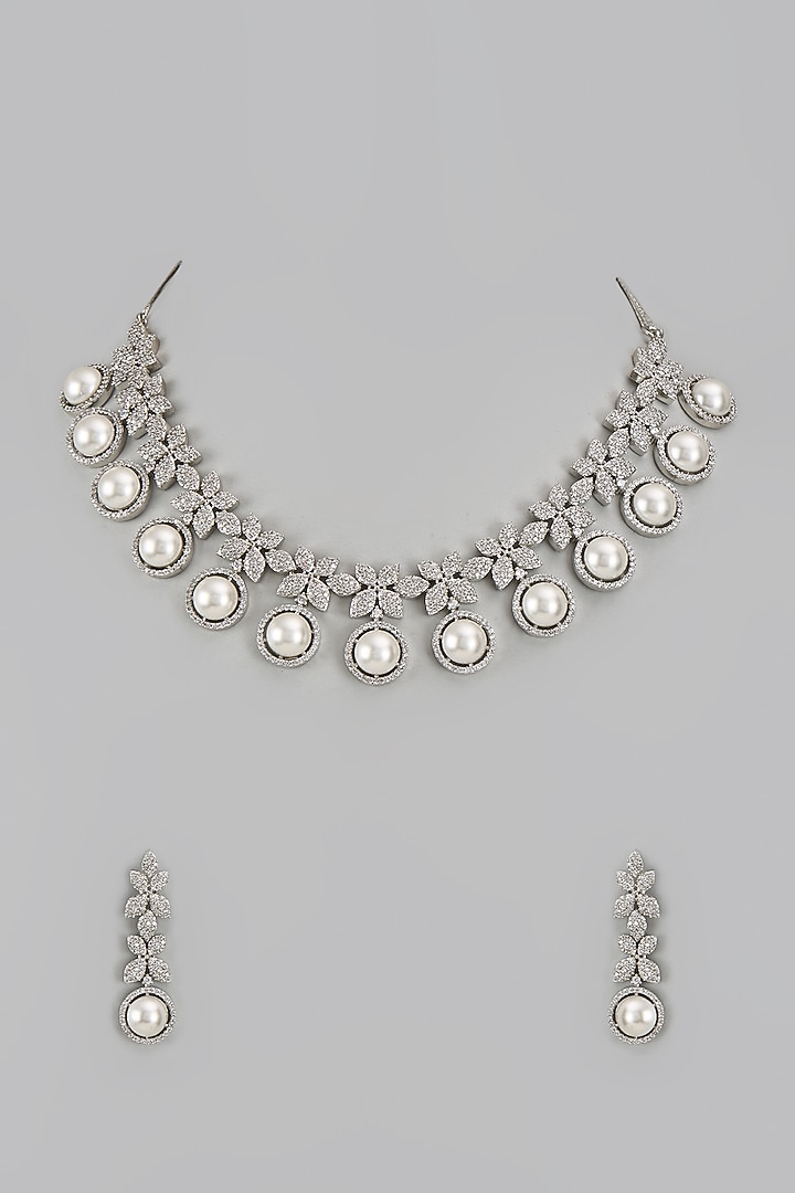 White Finish Zircon & Pearl Necklace Set by Aster at Pernia's Pop Up Shop