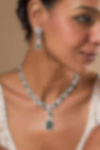 White Finish Zircon & Green Stone Long Necklace Set by Aster