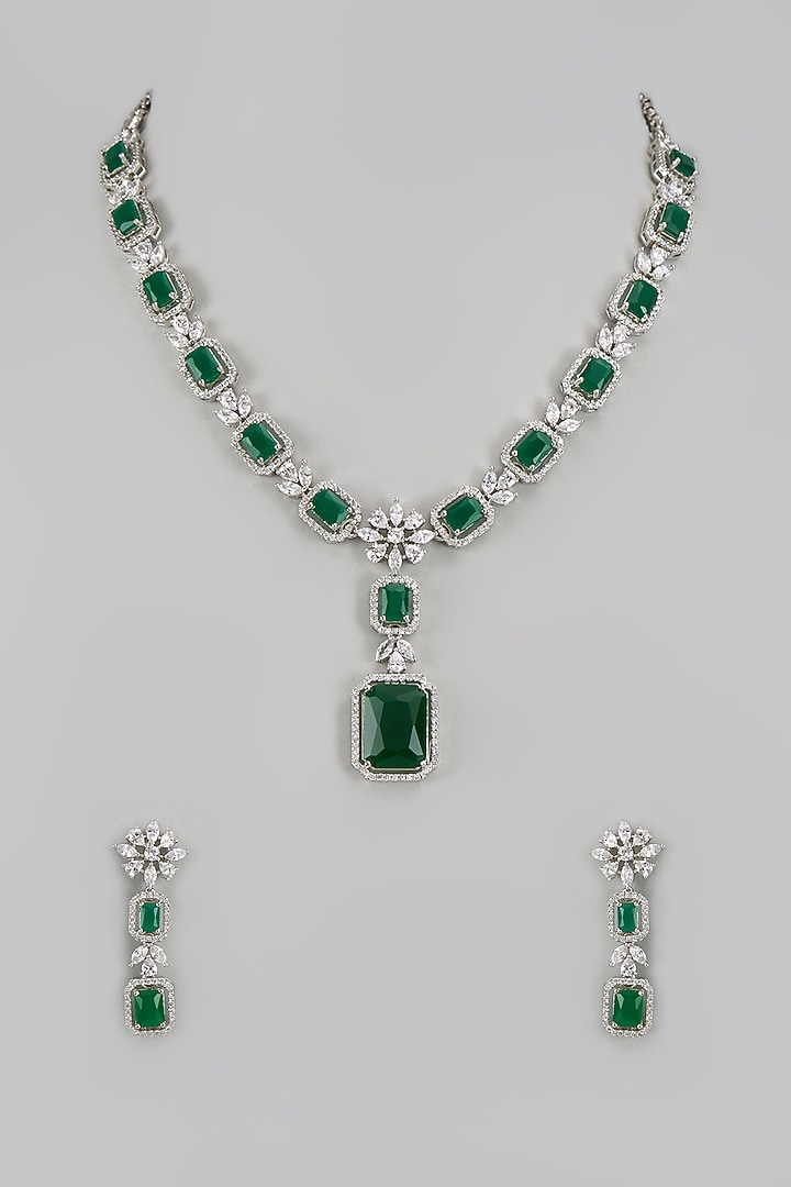 White Finish Zircon & Green Stone Long Necklace Set by Aster at Pernia's Pop Up Shop