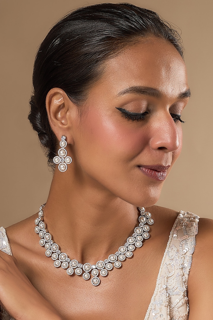 White Finish Zircon & Pearl Necklace Set by Aster