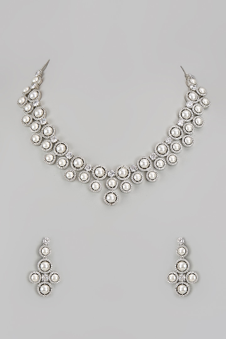 White Finish Zircon & Pearl Necklace Set by Aster at Pernia's Pop Up Shop
