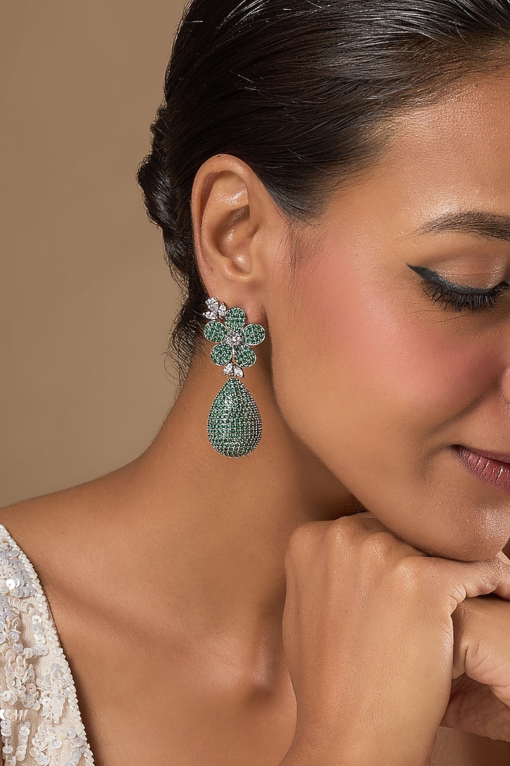 White Finish Zircon & Green Stone Dangler Earrings by Aster at Pernia's Pop Up Shop