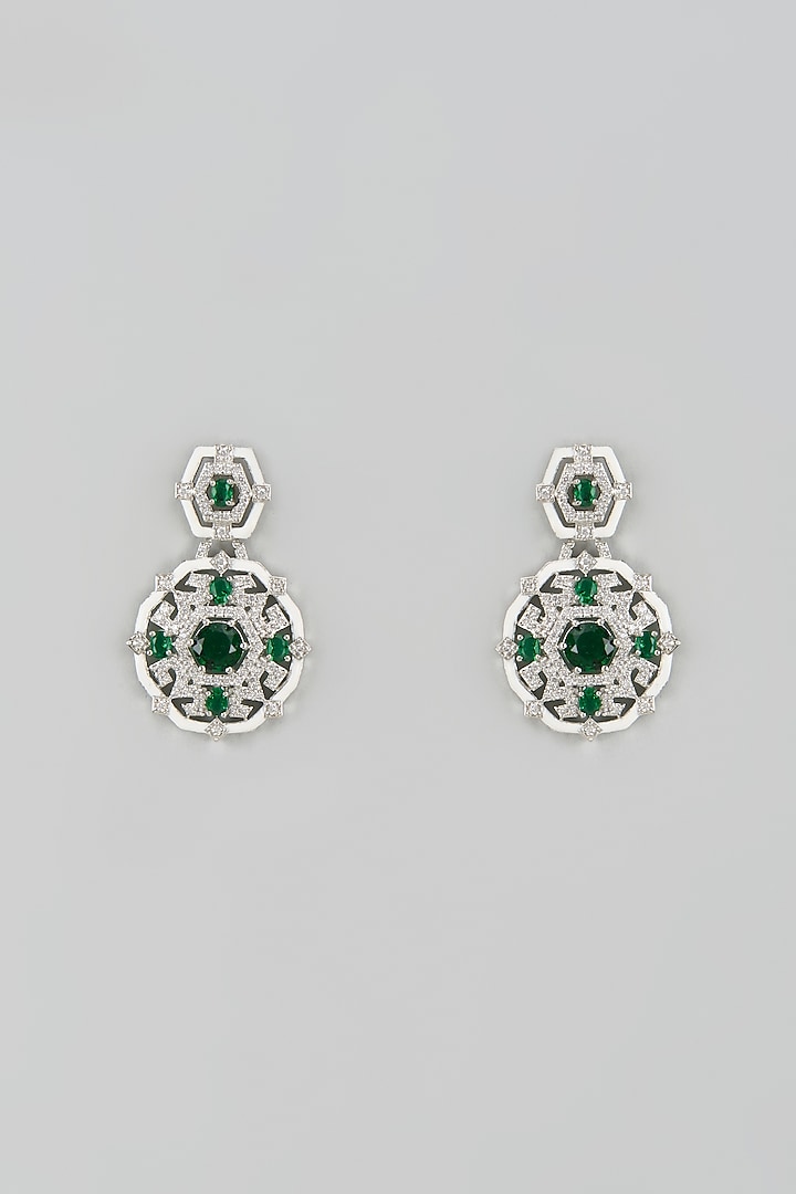 White Finish Zircon & Green Stone Dangler Earrings by Aster