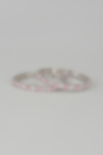 White Finish Zircon & Pink Stone Bangles (Set of 2) by Aster