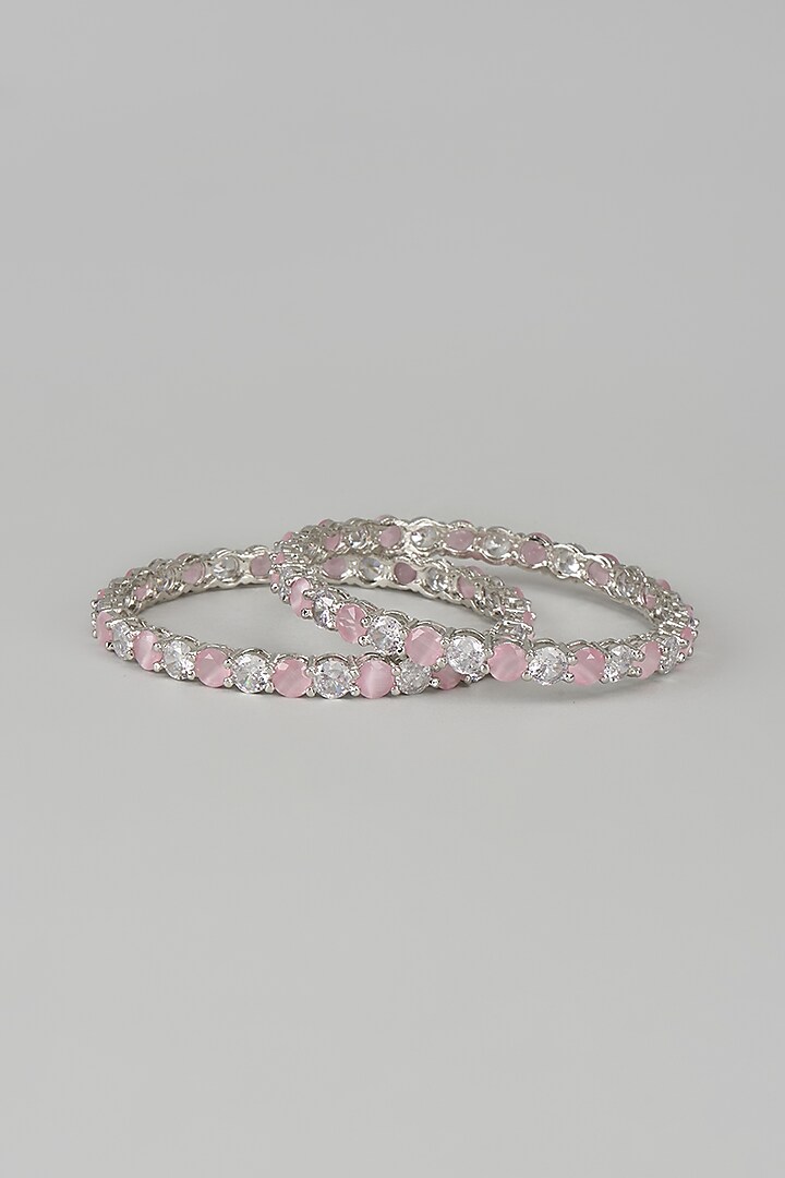 White Finish Zircon & Pink Stone Bangles (Set of 2) by Aster