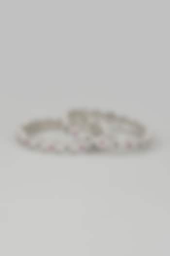 White Finish Zircon & Red Stone Bangles (Set of 2) by Aster