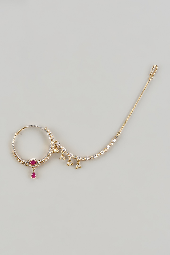 Gold Finish Zircons & Red Stone Nose Ring by Aster at Pernia's Pop Up Shop