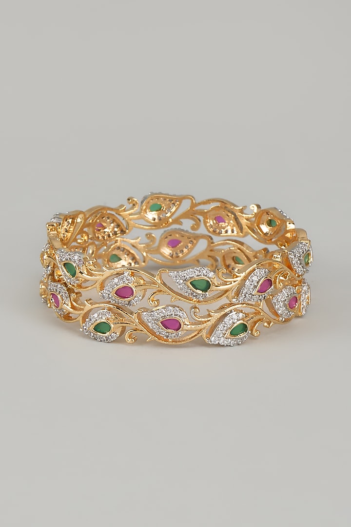 Gold Finish Zircons & Multi-Colored Stone Bangles (Set of 2) by Aster at Pernia's Pop Up Shop