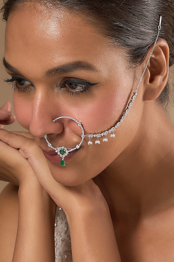 White Finish Zircons & Green Stone Nose Ring by Aster at Pernia's Pop Up Shop