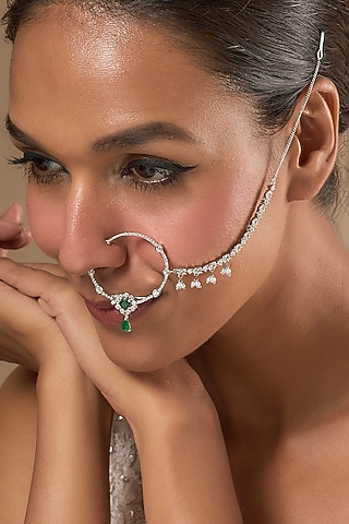 White Finish Zircons & Green Stone Nose Ring by Aster