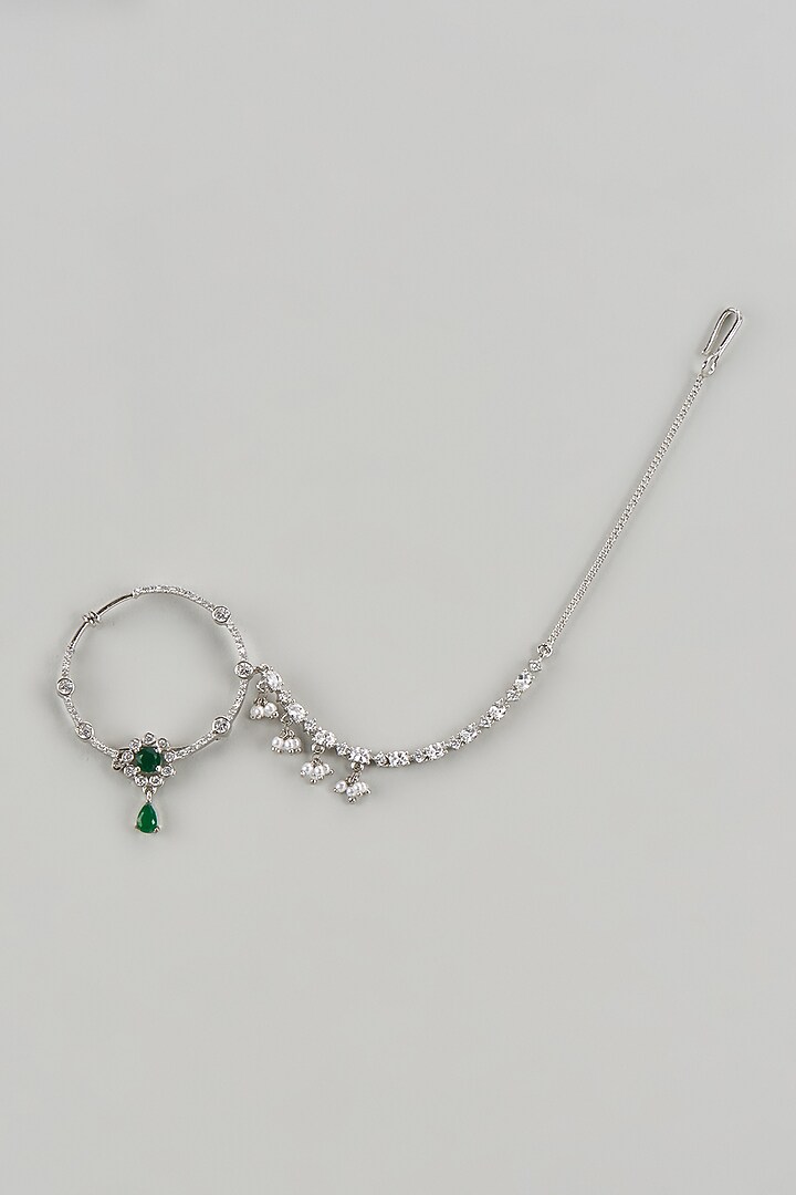 White Finish Zircons & Green Stone Nose Ring by Aster at Pernia's Pop Up Shop