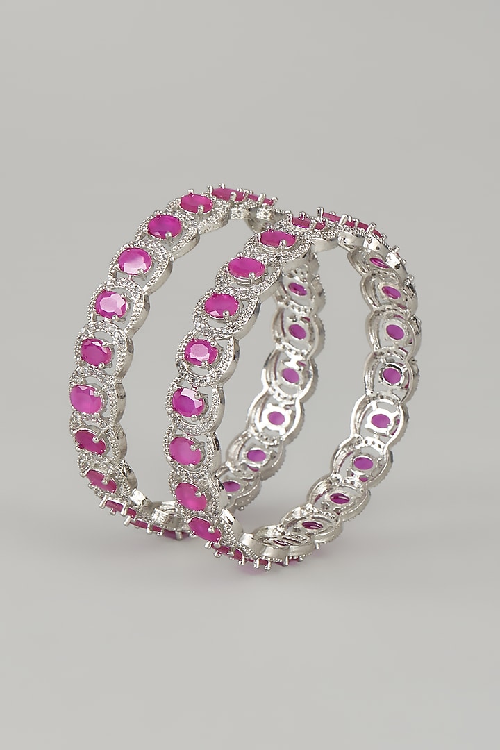 White Finish Zircons & Red Stone Bangles (Set of 2) by Aster at Pernia's Pop Up Shop