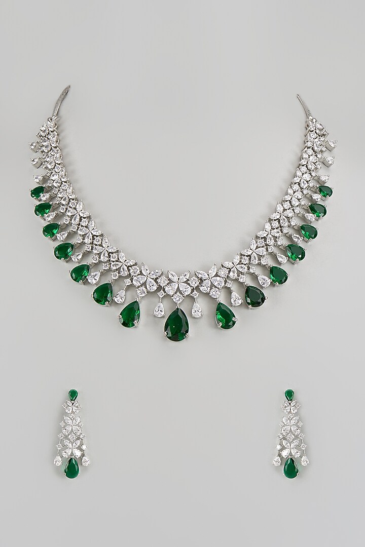 White Finish Zircon & Green Stone Necklace Set by Aster at Pernia's Pop Up Shop